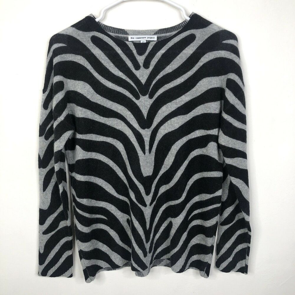 The Cashmere Project Gray Black Zebra Swirl Long Sleeve Cashmere Sweater XS